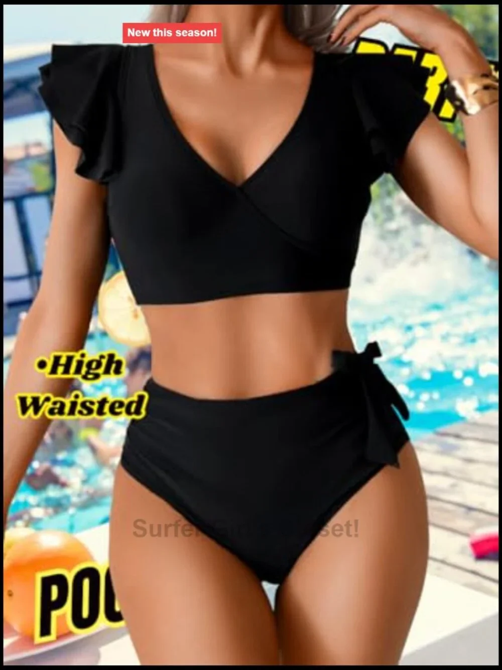 High Waisted 2 Piece Bikini Set, Tummy Control Ruffle V Neck Full Coverage